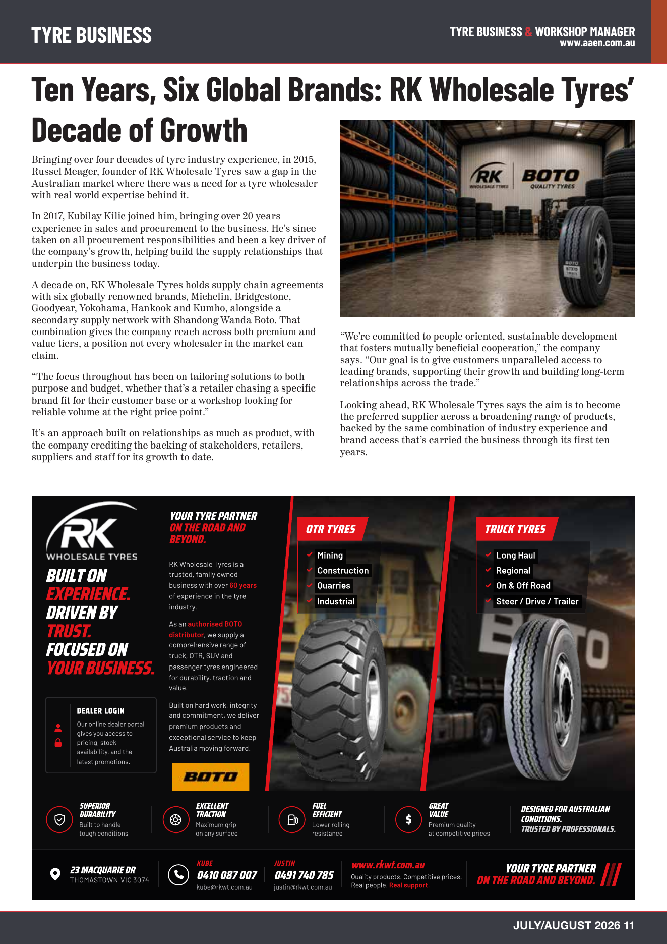 Tyre Business and Workshop Manager magazine feature about R K Wholesale Tyres' decade of growth