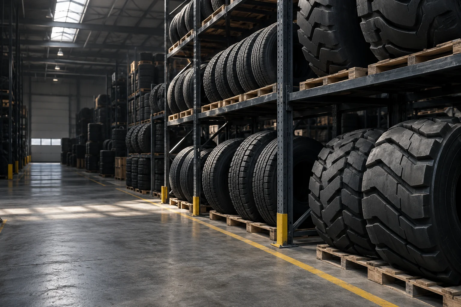 Commercial tyre racking in an industrial warehouse, illustrative image